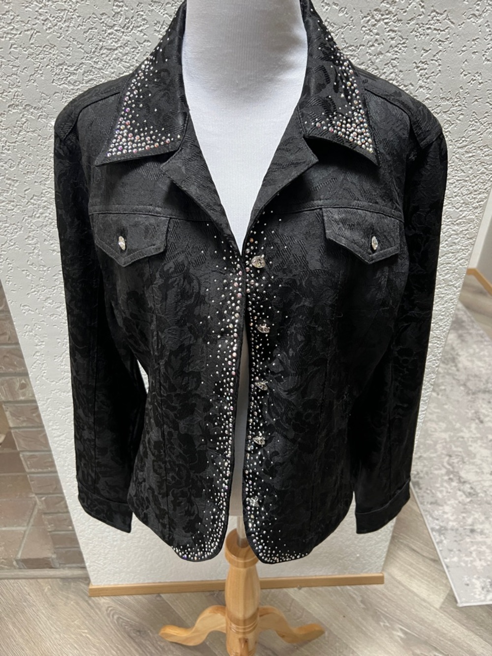 Christine Alexander Black Rhinestone Western Jacket Women's L Floral Jacquard